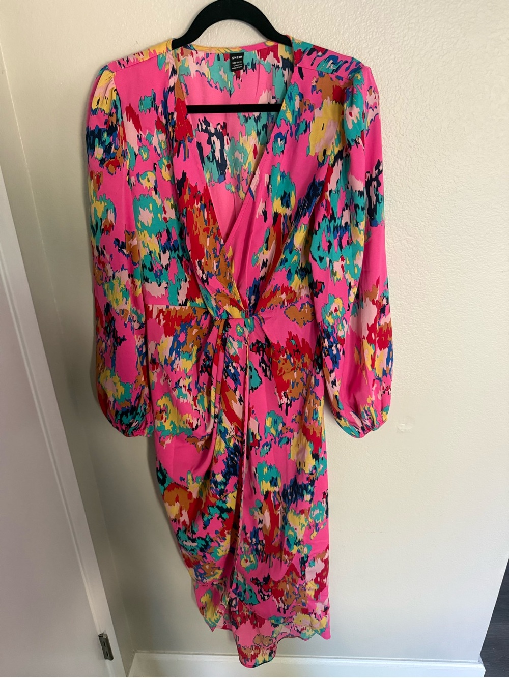 SHEIN Pink Multicolor Abstract Floral Long Sleeve Wrap Dress